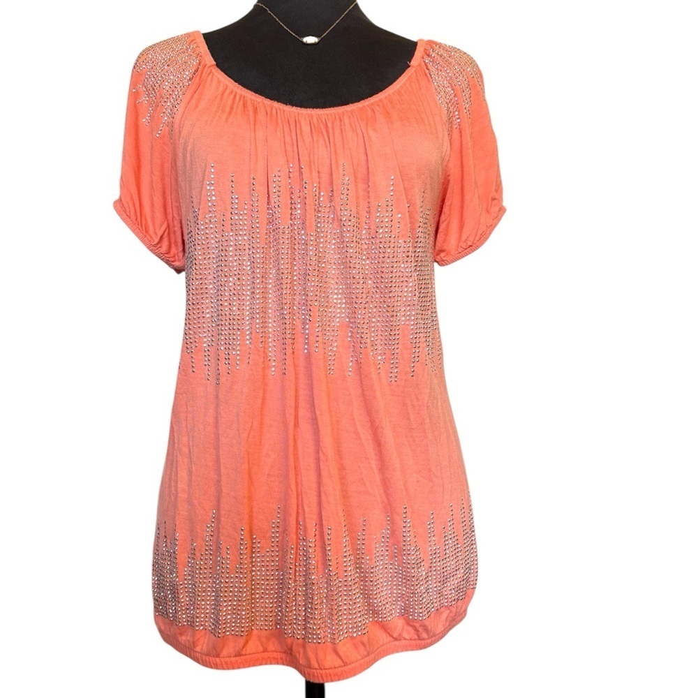 INC International Concepts Medium Coral Short Sleeve Tee with Rhinestone Accents